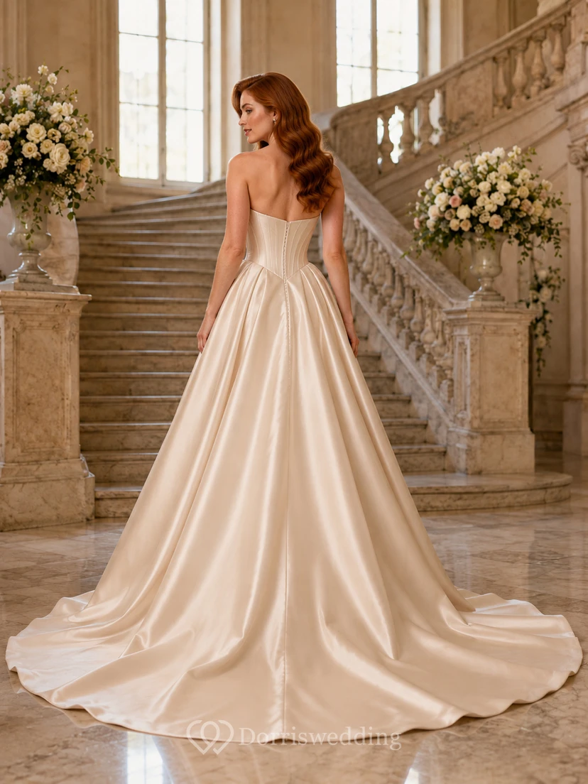 Vestido de novia minimalista de satén, estilo princesa, sin tirantes, escote corazón, cola de corte. view 2