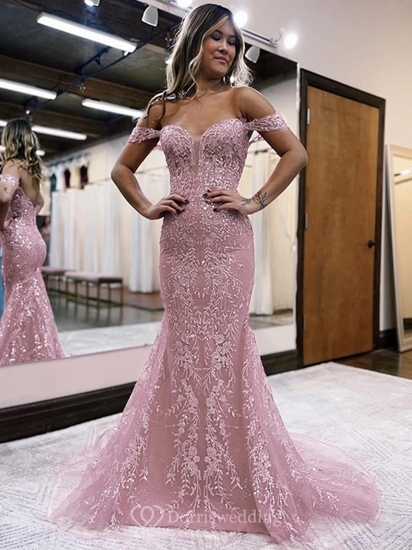 Exquisite Off-the-shoulder Beaded Mermaid Low-v Back Prom Dress