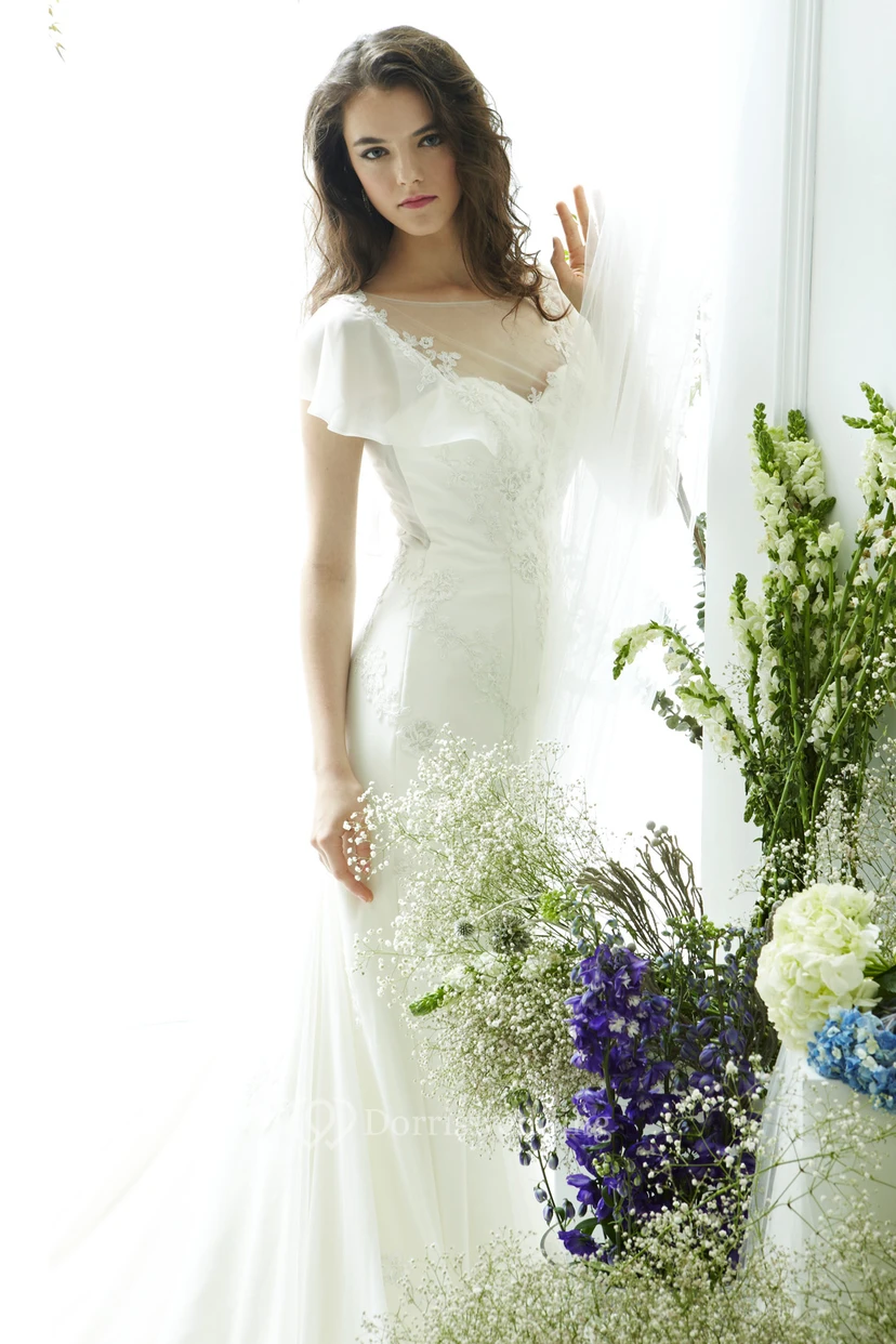 Poet-Sleeve Bateau-Neck Chiffon Wedding Dress With Illusion view 3