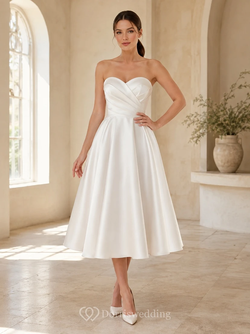 Minimalist Sweetheart Satin Tea Length Strapless A-Line Bridal Dress