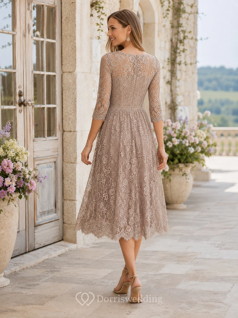 Taupe Jewel Neck Three Quarter Lace A Line Guest Dress view 2