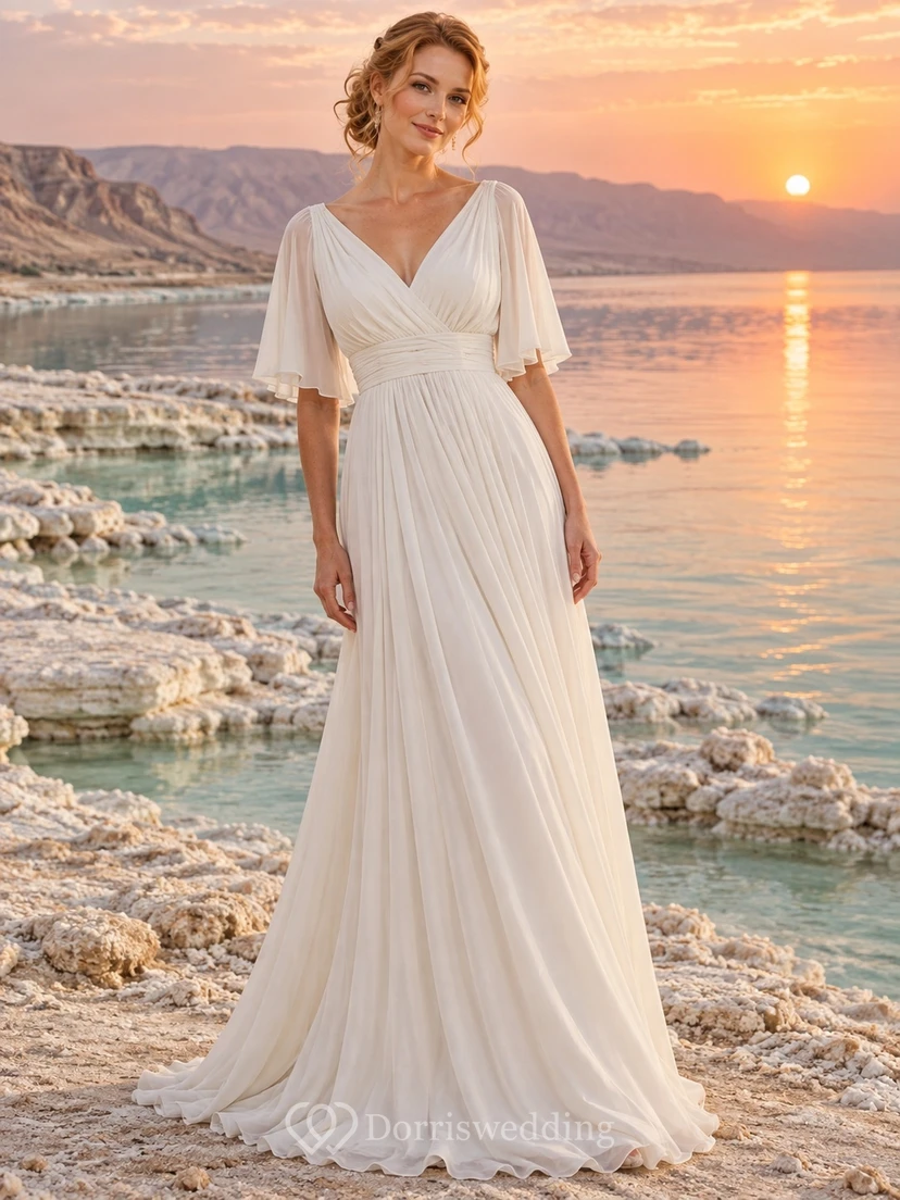 Vestido de novia sencillo de gasa con escote en V, mangas cortas, corte en A y corpiño fruncido