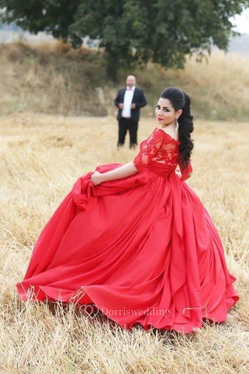 Modern Half Sleeve Red Wedding Dress Lace Sweep Train view 2