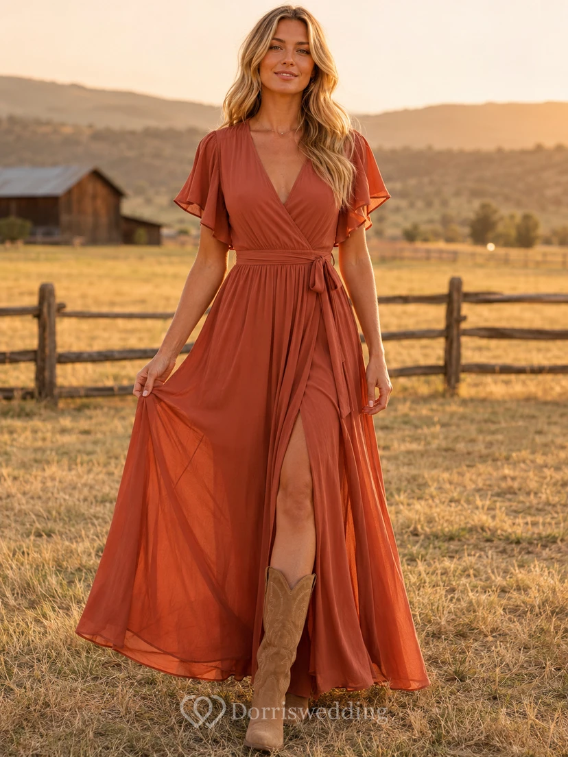 Terracotta V-neck flutter sleeve ranch wedding guest maxi dress