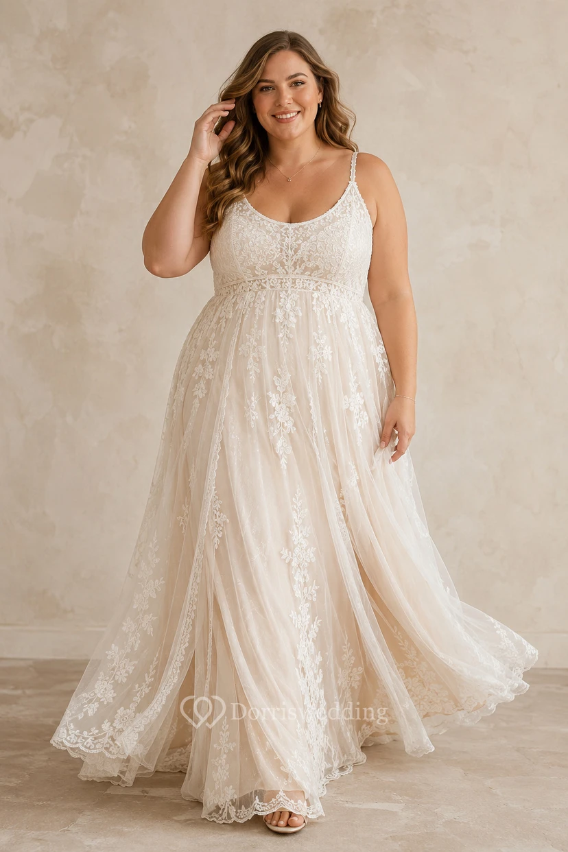 Robe de mariée grande taille à bretelles spaghetti en dentelle, coupe trapèze, avec longue traîne