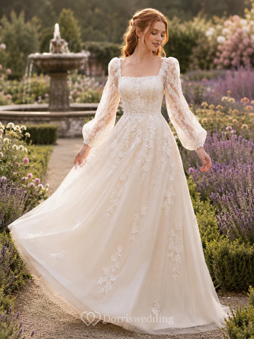 Square Neck Bishop Sleeve Floral Lace Garden Bridal Gown