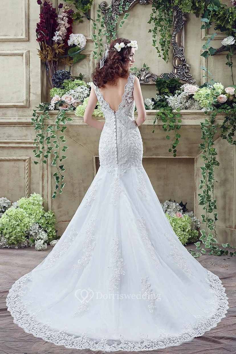 Timeless Mermaid Lace Wedding Dress Styles Zipper Button Back Sweep Train view 4