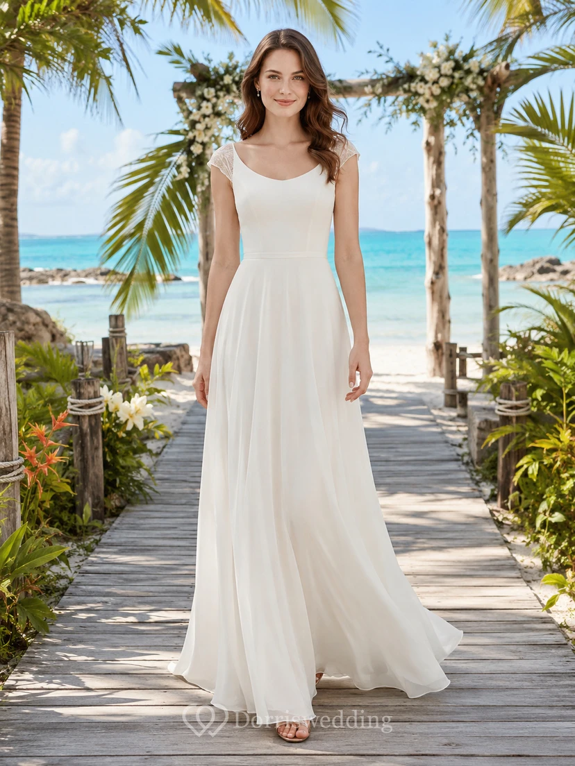 Simple Scoop Neck Chiffon Beach Boardwalk Bridal Gown