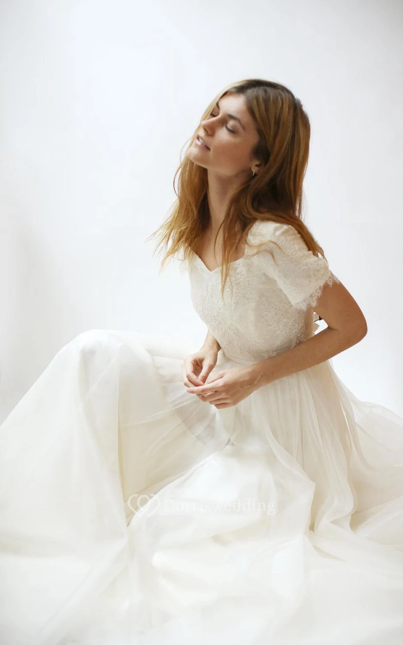 Short Sleeve V-Neck A-Line Lace and Tulle Dress With Pleats view 3