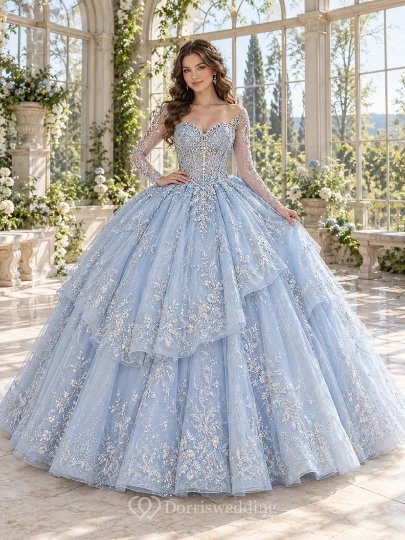 Robe de bal de quinceañera victorienne bleu ciel à manches longues en dentelle et à volants