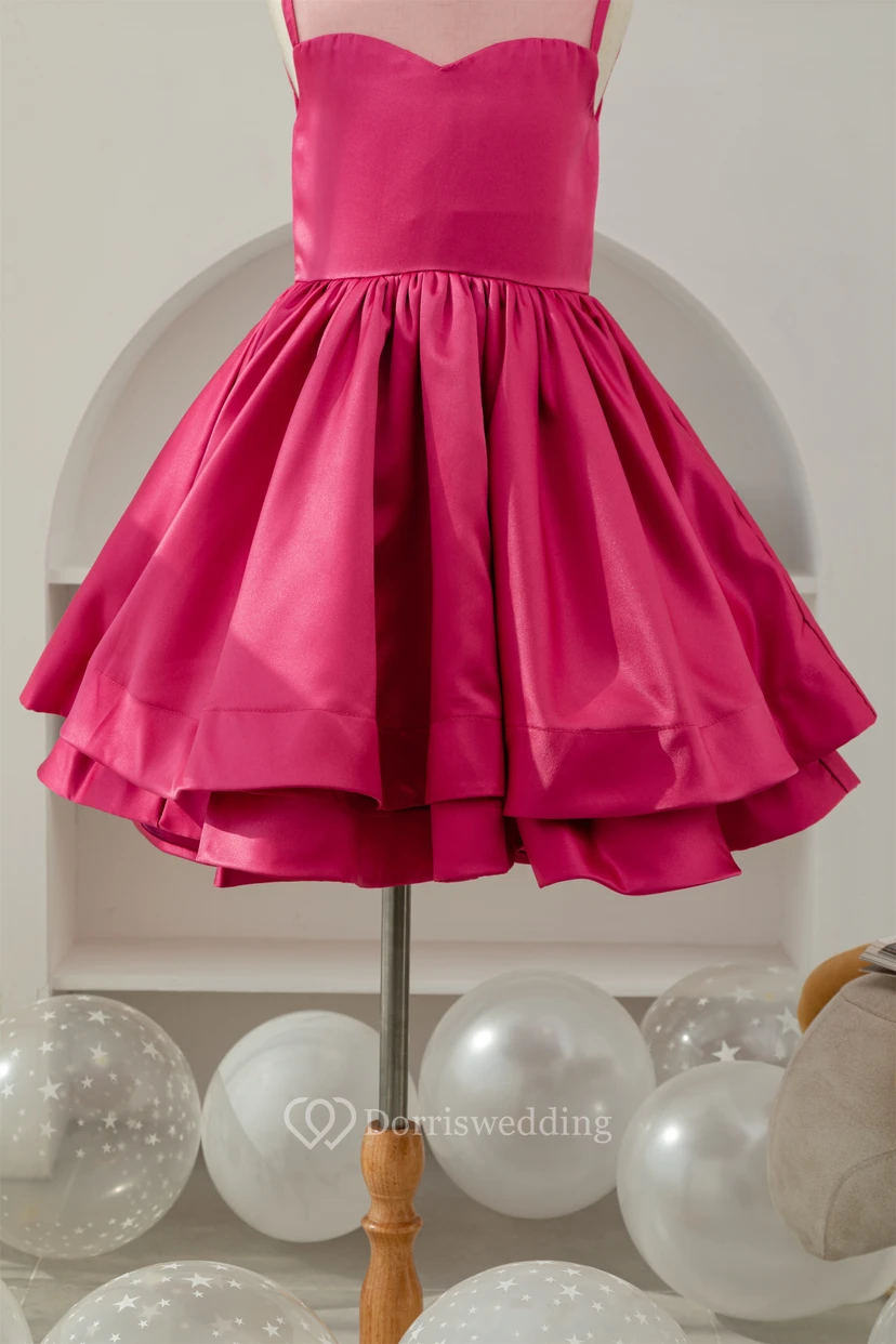 A-line Short Satin Layered Fuchsia Flowergirl Dress view 4