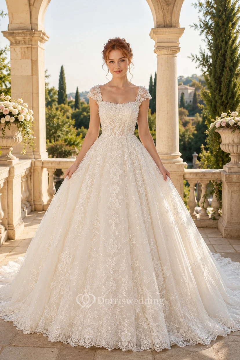 Lace Tulle Wedding Dress A-Line Strap Detail Sweep Train Low V Back Bridal Gown