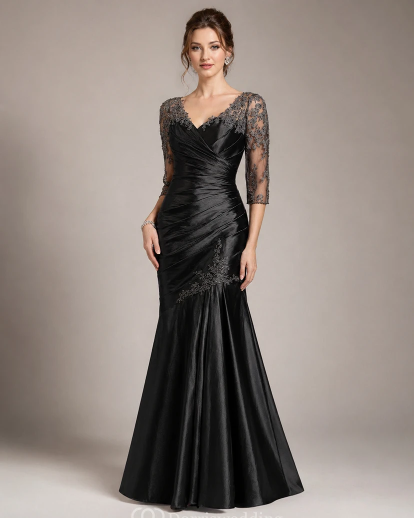 3-4-ärmeliges Taftkleid mit V-Ausschnitt, Applikationen und Falten view 8