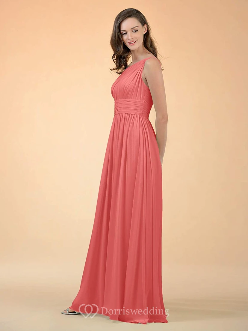 Elegantes, schulterfreies, bodenlanges Chiffon-Brautjungfernkleid in A-Linie mit Raffungen und A-Linien-Schnitt view 10