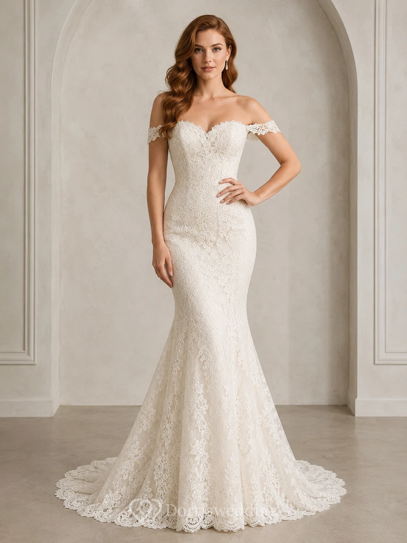 Vestido de novia de encaje estilo sirena con escote en V, manga larga y cola de capilla.