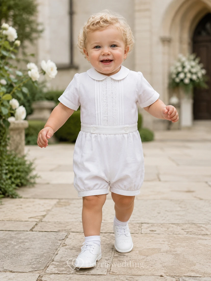 White Pintuck Sailor Collar Short Sleeve Christening Baby Romper for Baby Boy