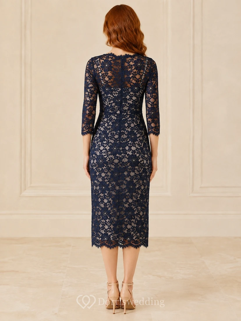 Ink Navy Floral Lace Long Sleeve Sheath Knee-length Formal Dress view 2