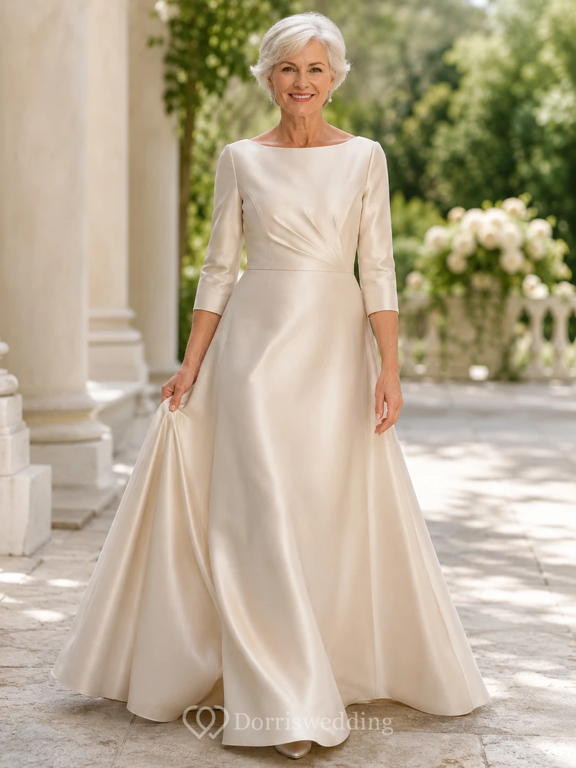 Robe de mariée élégante en satin, coupe trapèze, manches trois-quarts, manches bateau, longueur au sol, pour les mariées plus âgées