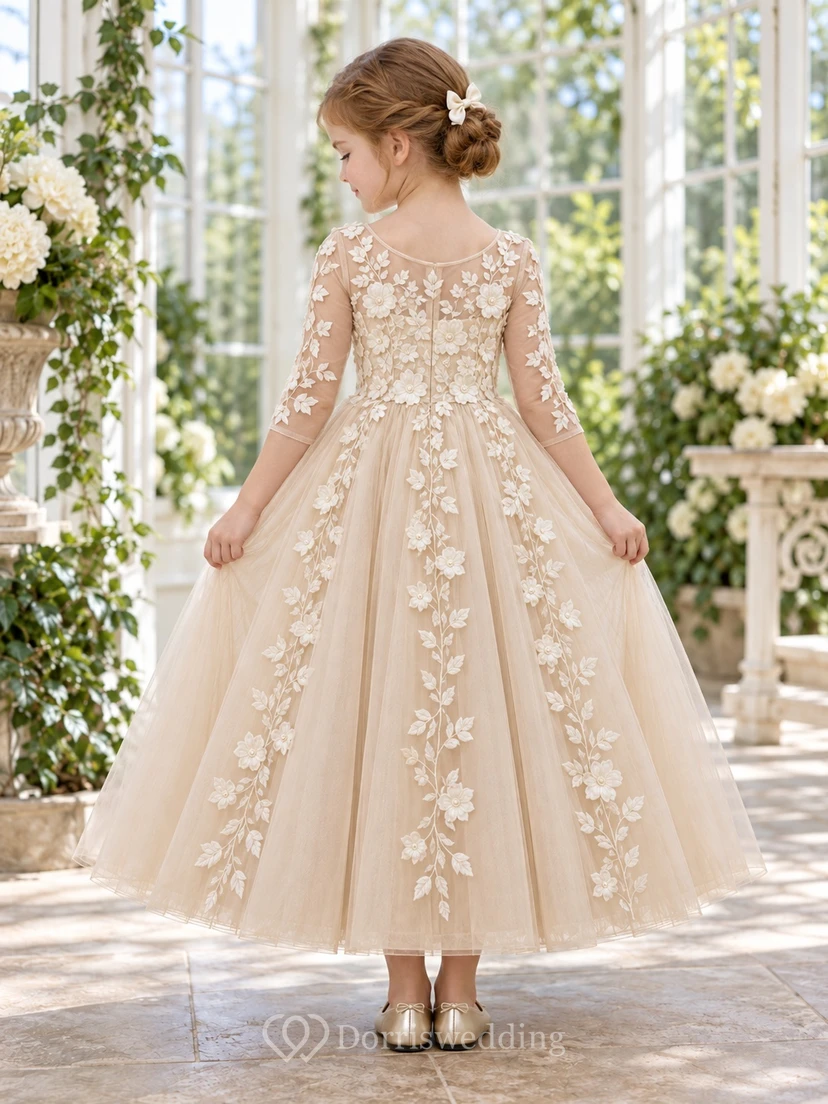 Three-quarter-sleeve Champagne Floral A-line Tulle Ankle-length Illusion-Neck Appliqued Flower Girl Dress view 2