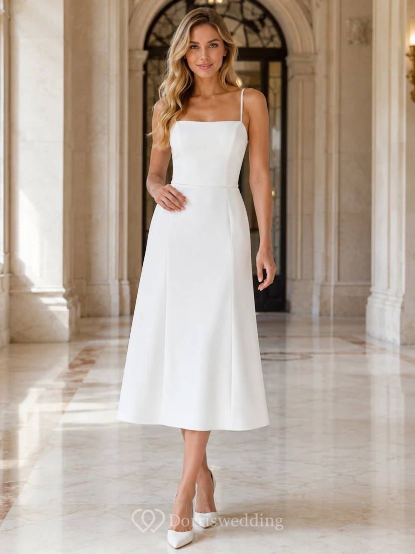 Robe de mariée civile en satin, coupe trapèze, bretelles fines spaghetti, col carré et longueur thé, style moderne et simple, idéale pour une cérémonie civile.