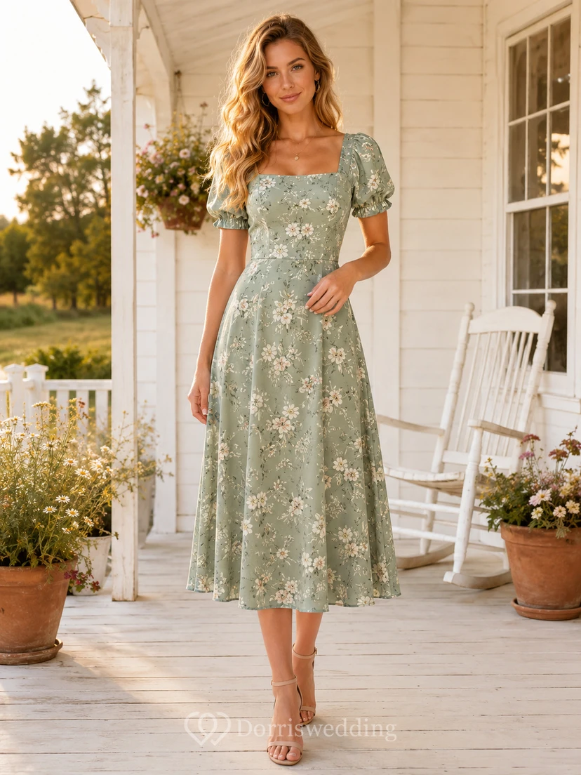 Sage floral square neck puff sleeve farmhouse guest midi dress