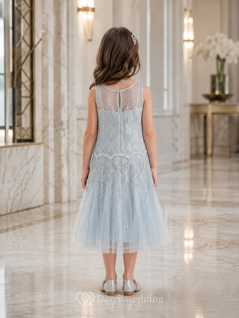 A-Line 1920s Inspired Beaded Flower Girl Dress with Strapped Bodice, Beaded Tulle, Sequined Skirt, Tea-Length Hem, Deco Evening Style view 2