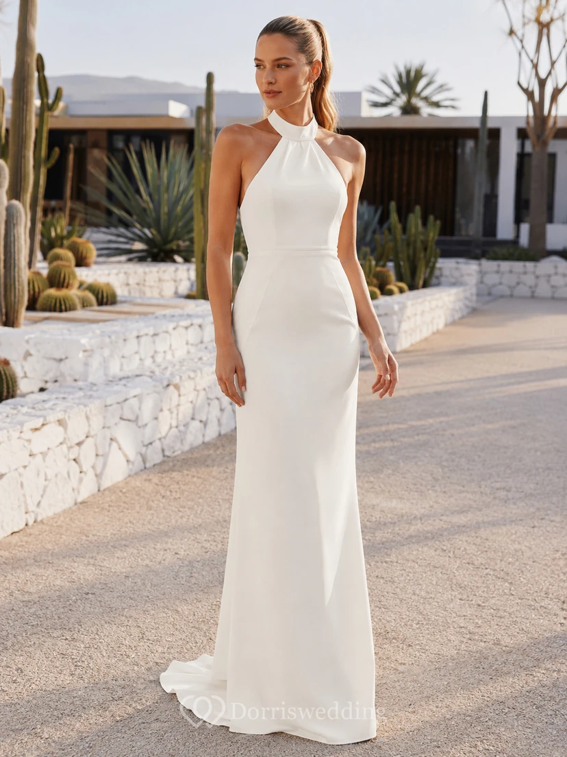 Robe fourreau dos nu en crêpe à col montant pour une escapade romantique dans le désert