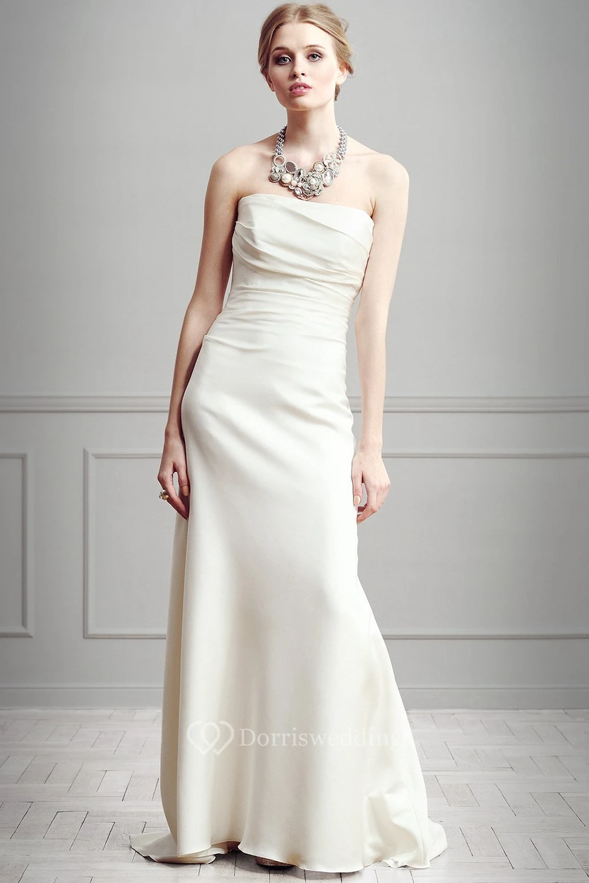 Sheath Strapless Floor-Length Ruched Sleeveless Satin Wedding Dress