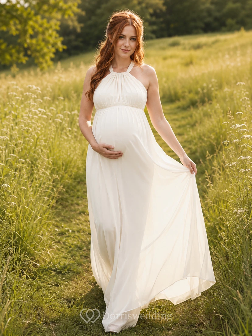 Halter neck sleeveless empire maternity chiffon meadow maxi dress