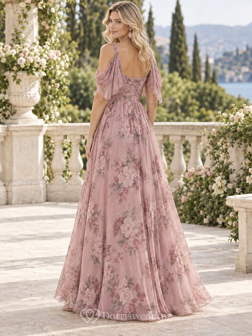 Dusty Rose Floral Print Removable Shoulder Drape Square-Neck Floor-Length Chiffon Bridesmaid Dress view 2