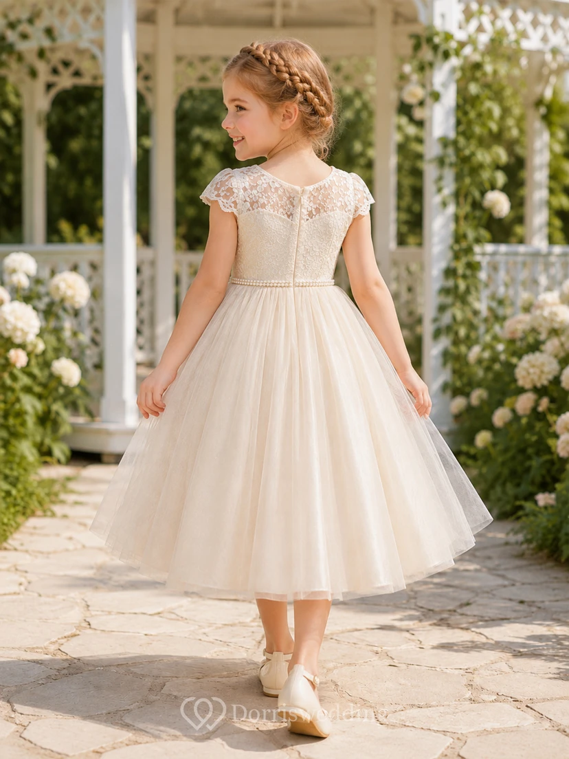 Romantic Tulle Tea-Length A-Line Lace Cap Sleeve Sash Flower Girl Garden Wedding Dress view 2