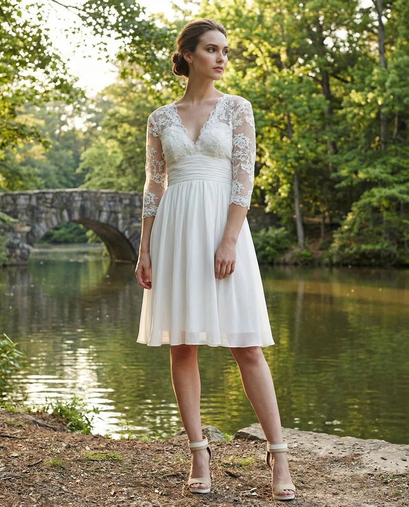 3/4 Sleeve V-Neck Lace Knee-Length Gown
