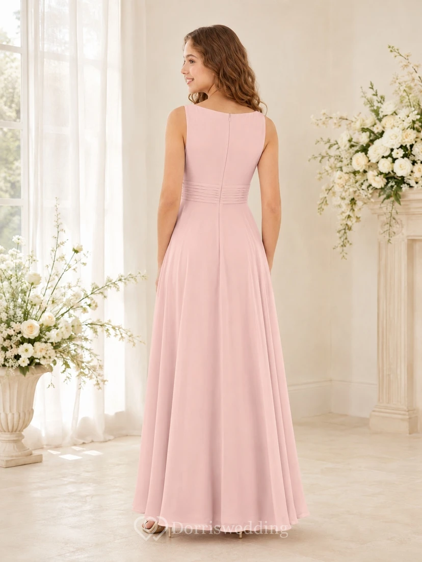 Zartrosa A-Linien-Kleid für junge Brautjungfern aus Chiffon mit geraffter Taille, ärmellos und elegant view 2