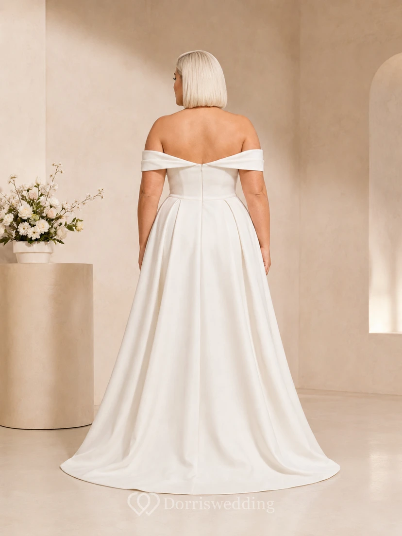 Combinaison de mariée en satin grande taille à épaules dénudées avec surjupe trapèze amovible, tenue de mariage moderne view 2
