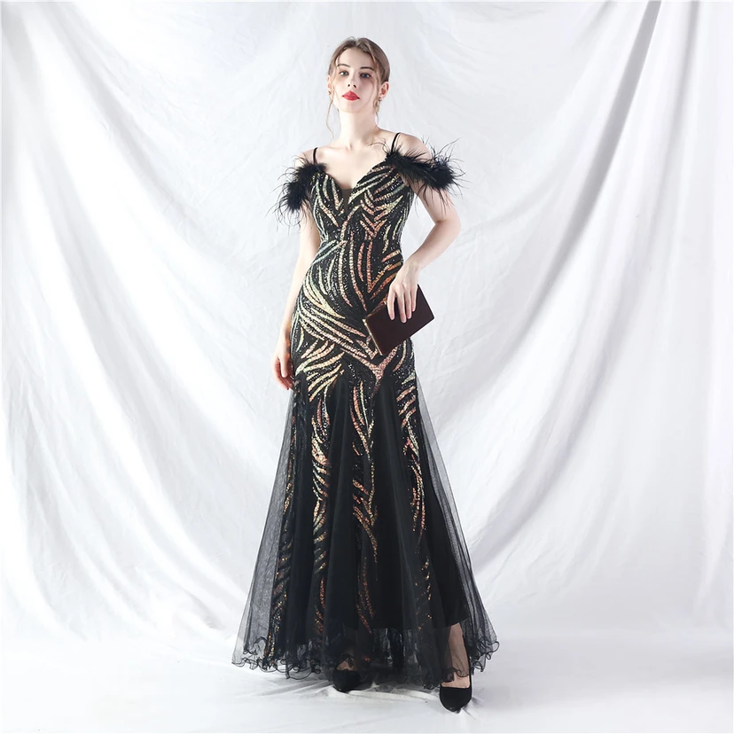Crafted Ostrich Feather Stacked Sequins Splicing Mesh Gauze High-End Evening Dress Clothes view 15