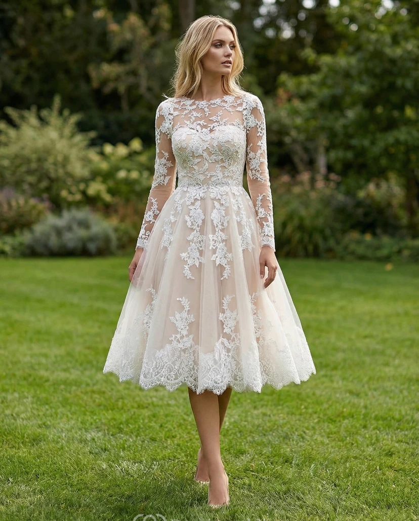 Robe de mariée mi-longue à manches longues en dentelle illusion style vintage