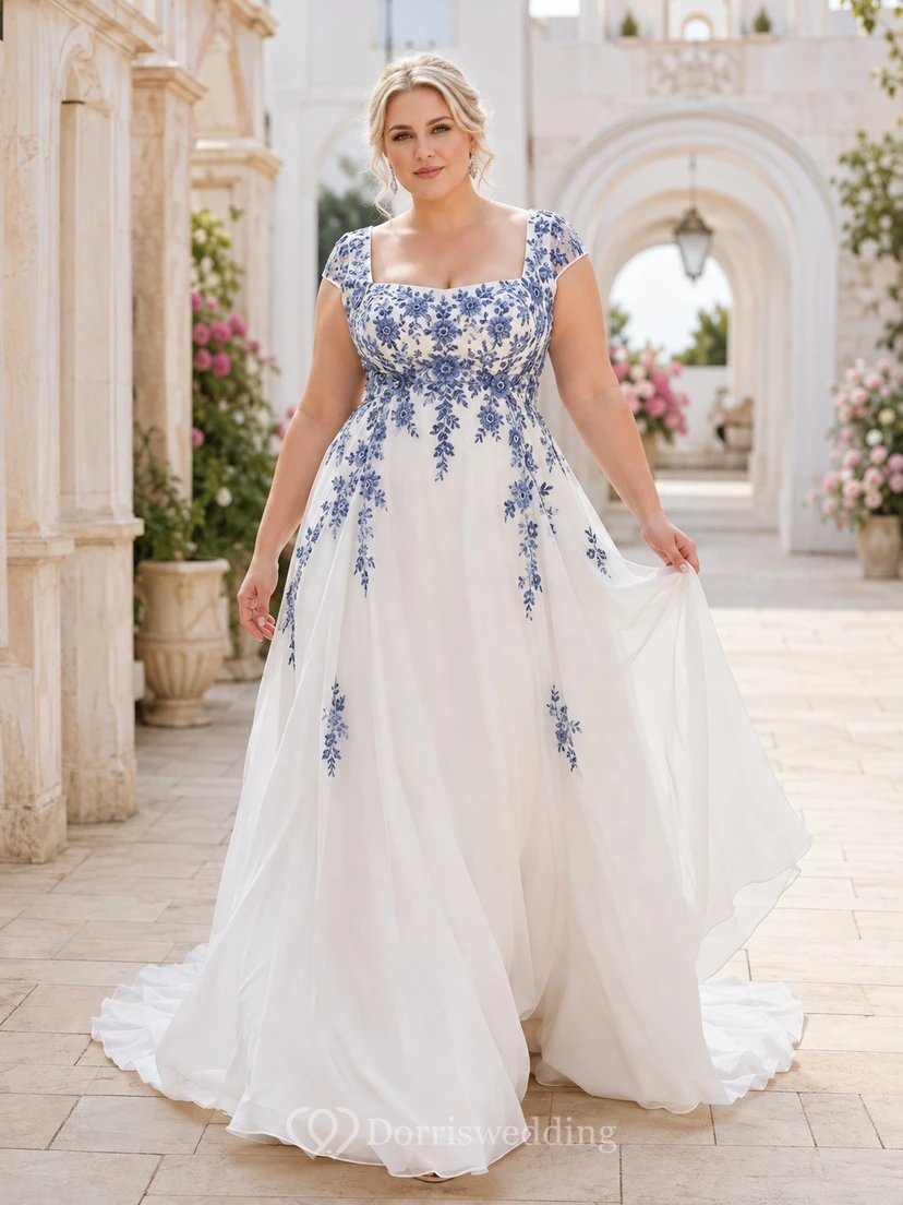 Königsblaues, luftiges Chiffon-Brautkleid im Boho-Stil in Übergröße mit A-Linie, Rundhalsausschnitt und kurzen Ärmeln