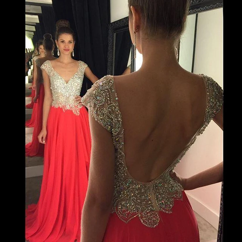 Gorgeous Crystal Open Back Evening Dress Cap Sleeve Long Chiffon Prom Gown view 3