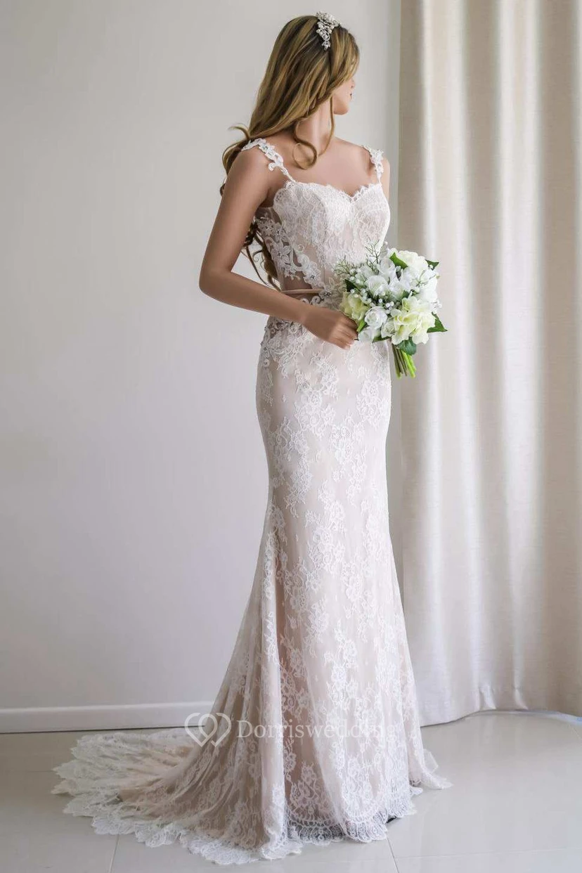 Illusion Sleeve Satin Lace Backless Wedding Dress