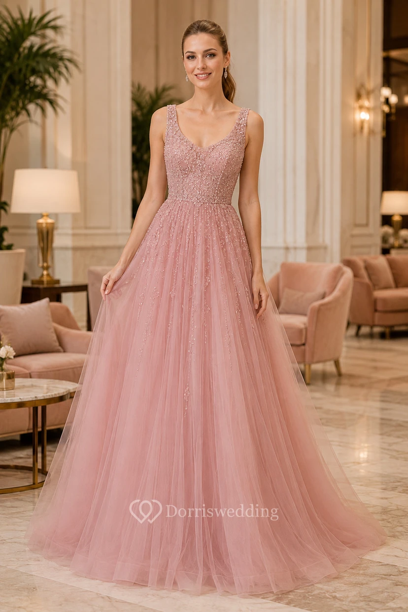 Dusty Rose Glitter Tulle A-Line Prom Gown with V-Neck Bodice