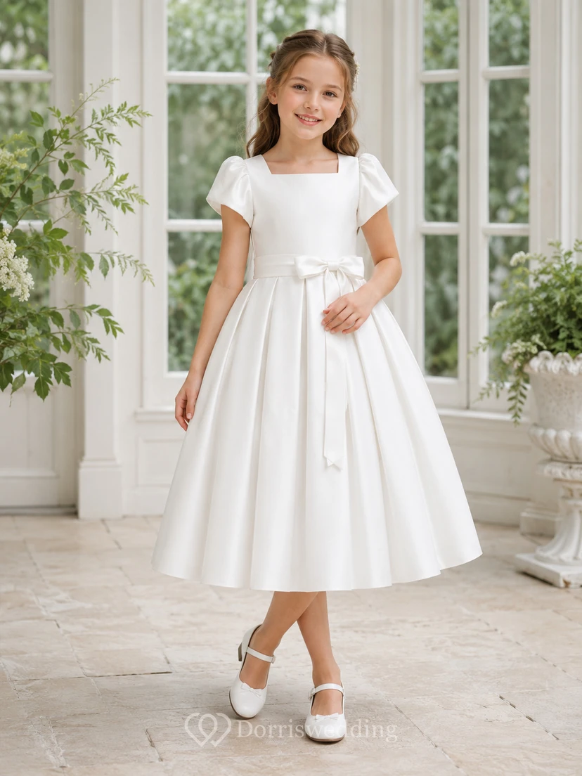 Weißes, plissiertes Satinkleid mit Rundhalsausschnitt, kurzen Ärmeln und Teelänge, ideal für Kommunion und als Blumenmädchenkleid.