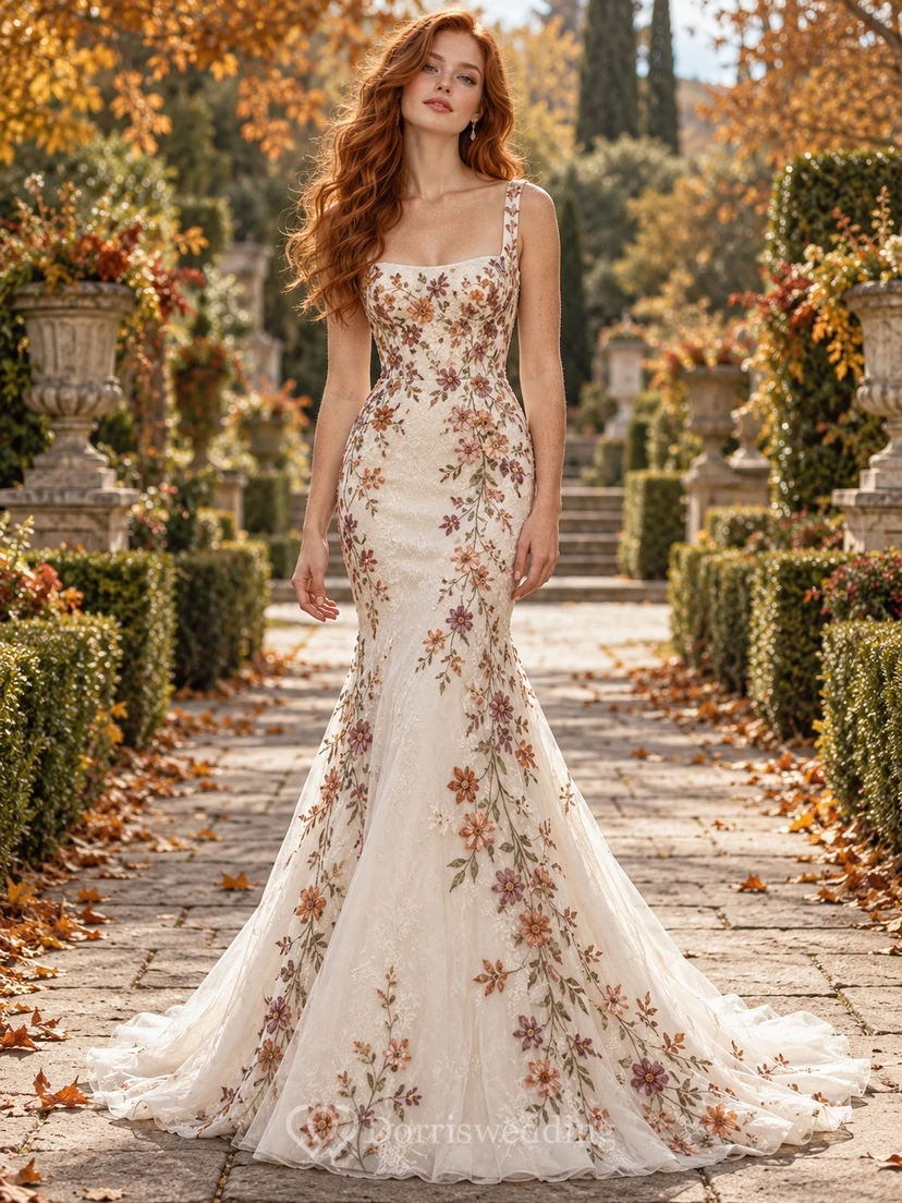 Square Neck Mermaid Autumn Floral Embroidered Strap Bridal Wedding Dress