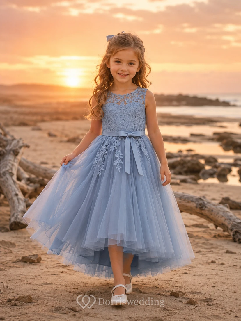 Vestido de niña de las flores azul cielo, encaje, tul, corte en A, cuello joya, largo hasta la rodilla