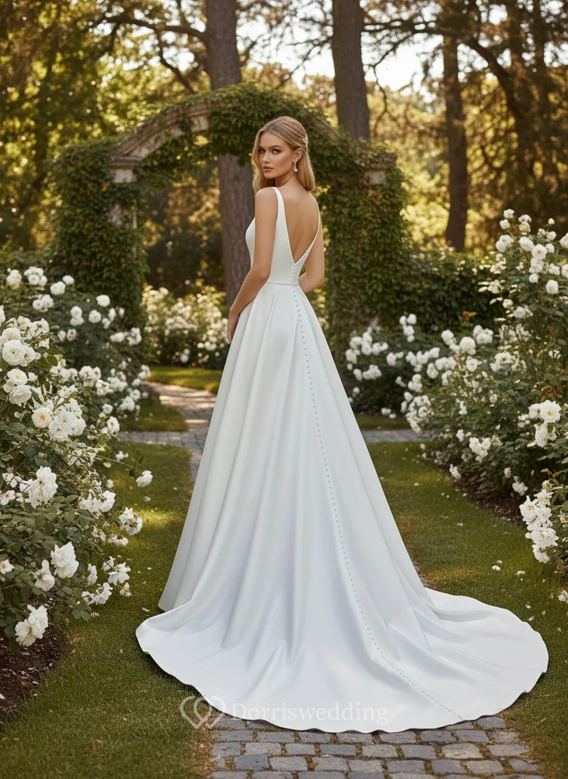 Robe de mariée simple en satin à col en V et fente haute view 2