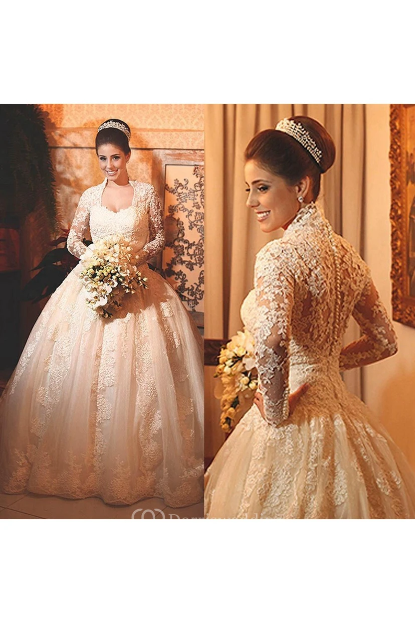 Vestido de novia de princesa moderno de encaje con mangas largas y botones en la espalda.