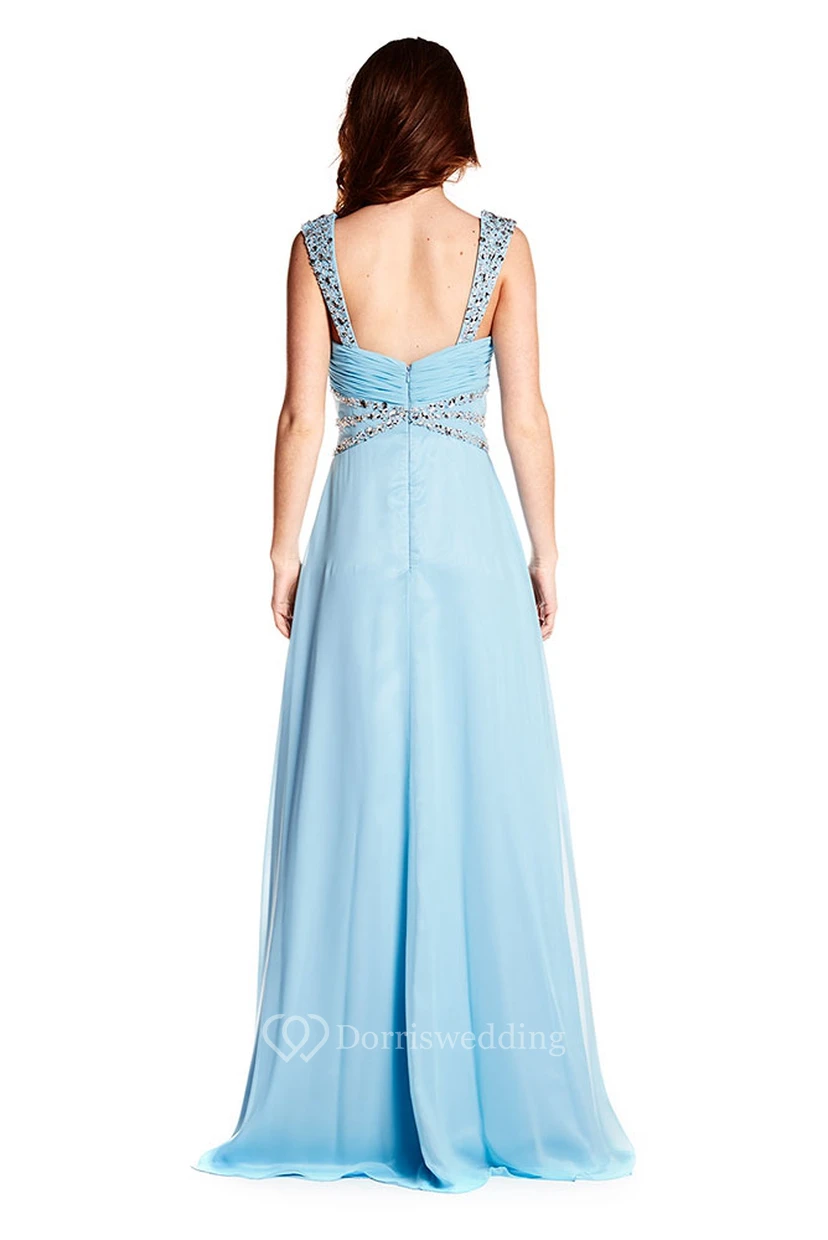 Sleeveless Strapped Criss-Cross Chiffon Prom Dress With Beading view 2