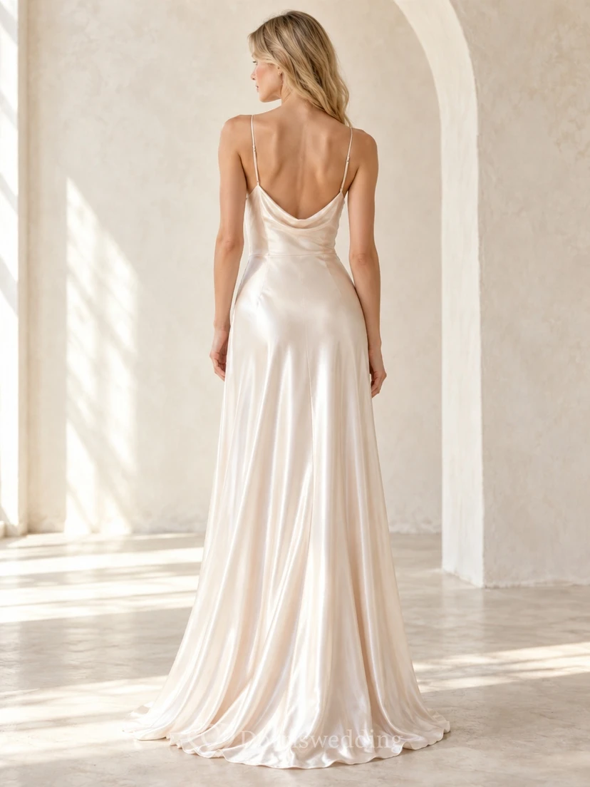 Simple Cowl Neck Spaghetti Strap Satin Sheath Long Elopement Wedding Dress view 2