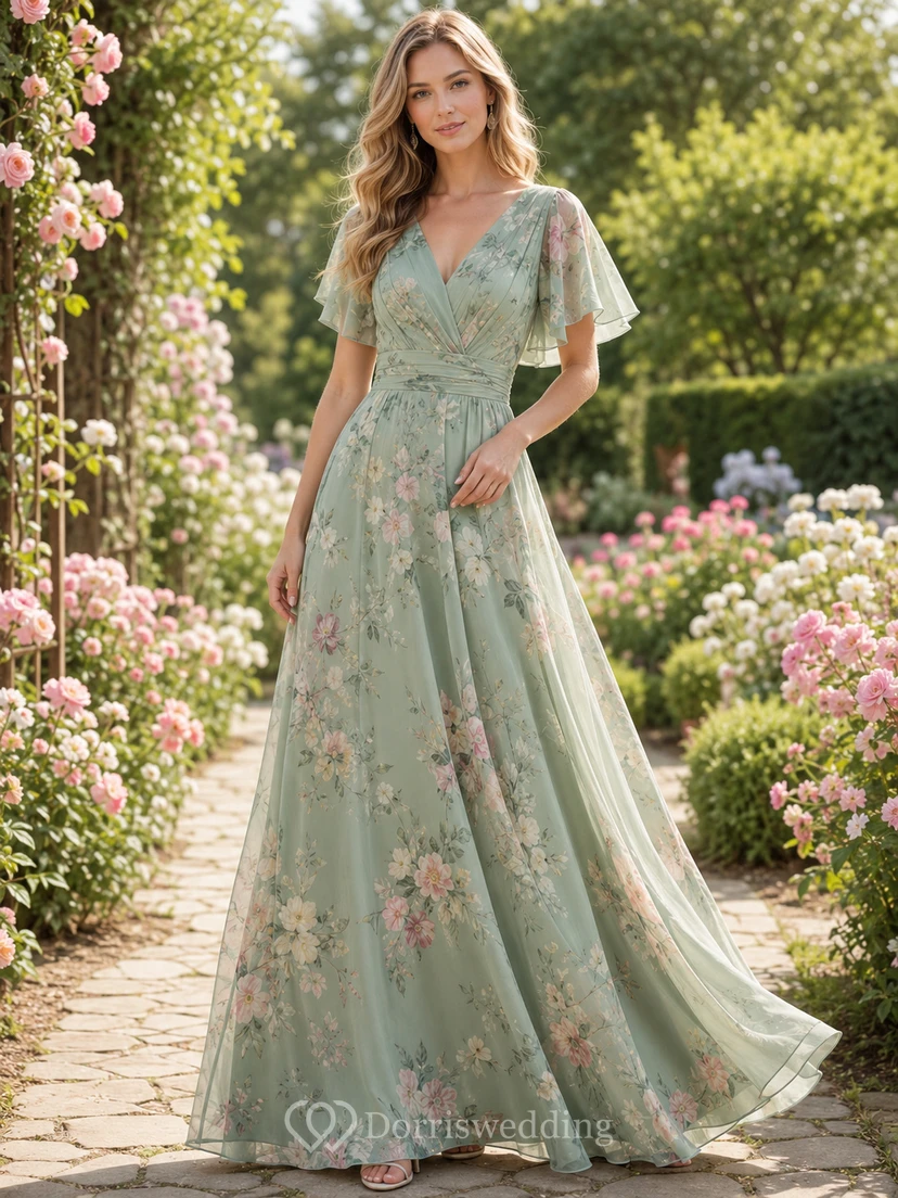 Sage Floral Garden A-Line Chiffon Bridesmaid Dress with V-Neck Flutter Sleeve Bodice, Floral Embroidered Floor-Length Skirt and Low V Back