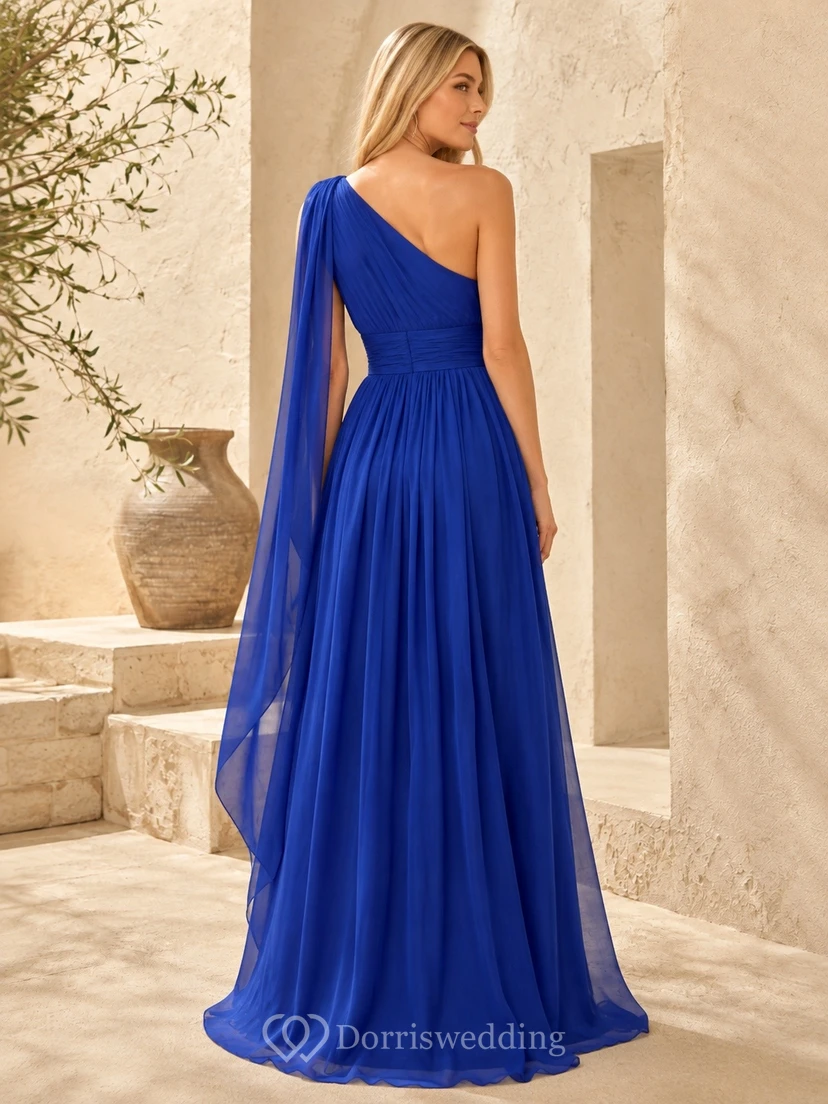 Royal Blue Chiffon One Shoulder Sleeveless A-Line Evening Gown view 2