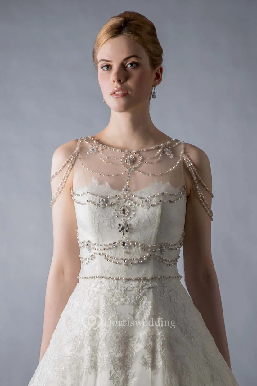 Maxi Scoop Beaded Lace Wedding Dress With Sweep Train And Illusion view 3